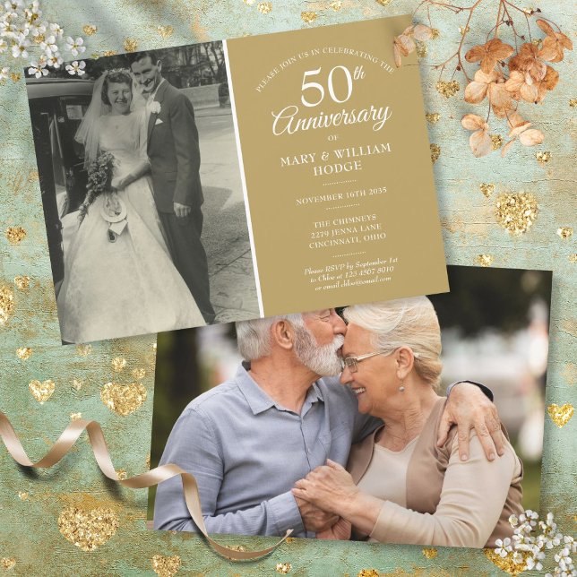 Convites Elegante 50º Aniversário de Bodas de Ouro 2 Foto (Elegant 50th Golden Wedding Anniversary 2 Photo Invitation)
