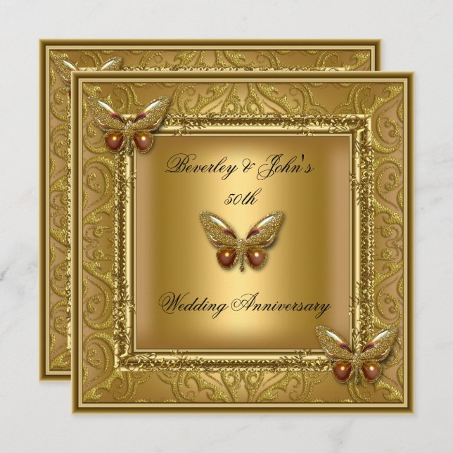 Convites Elegante 50º Aniversário de Bodas de Ouro Damasco (Frente/Verso)