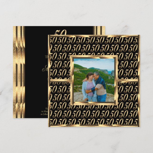 Convites Elegante 50º Aniversário de Bodas Preto e Dourado (Frente/Verso)