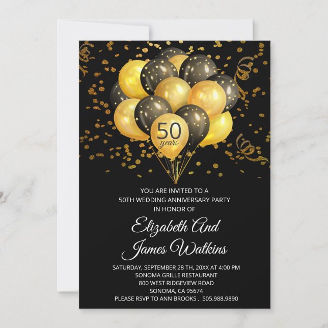 Convites Elegante 50º Aniversário de Casamento Dourado e Ne (Frente)