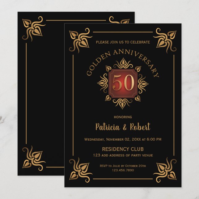 Convites Elegante 50º Aniversário de Casamento Preto e Dour (Frente/Verso)