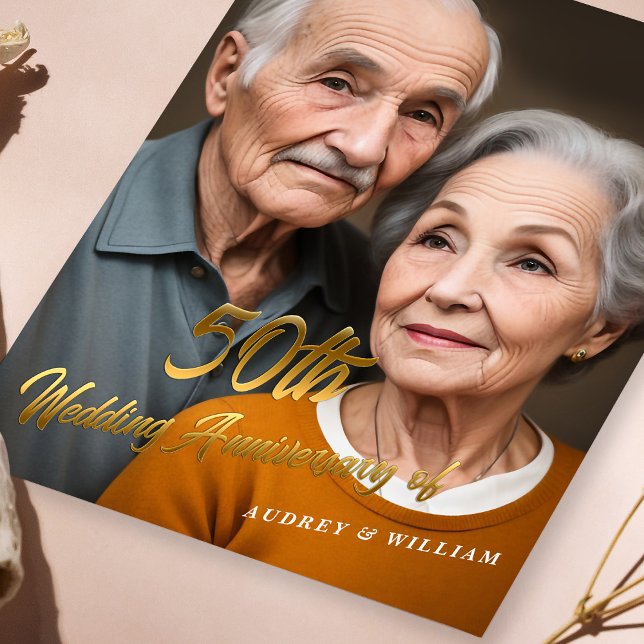 Convites Elegante 50º Aniversário de Casamento : Script Dou (Elegant 50th Wedding Anniversary 3D Gold Script Invitation)