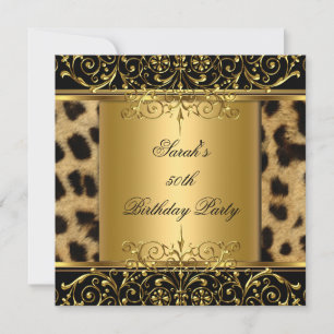 Convites Elegante 50º Aniversário Dourado Preto Leopardo