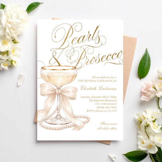 Convites Elegante 50º Aniversário Pérolas e Prosecco (Elegant 50th Birthday Pearls and Prosecco Invitation)
