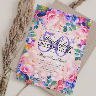 Convites Elegante 50º Aniversário Rosa Dourado Rainbow Flor