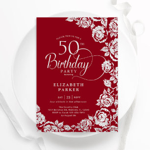 Convites Elegante 50º Aniversário Rosas de Prata Vermelha