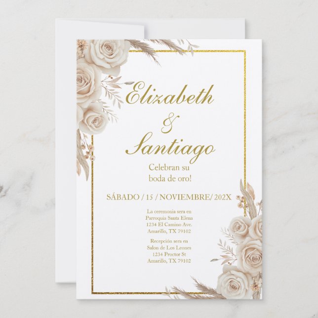 Convites Elegante 50º Casamento Boho Espanhol (Frente)