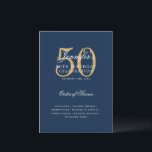 Convites Elegante 50º Programa de Aniversário, Dourado Mari<br><div class="desc">Design de "Programa de Festa de aniversário   Menu" elegante com um script de tipografia sofisticado em azul Dourado e Marinho com texto personalizado.</div>
