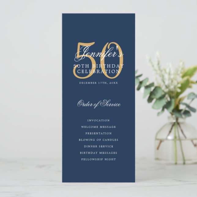 Convites Elegante 50º Programa de Aniversário Marinho Azul  (Em pé/Frente)