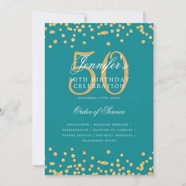 Convites Elegante 50º Programa de Aniversário, Menu Dourado (Frente)