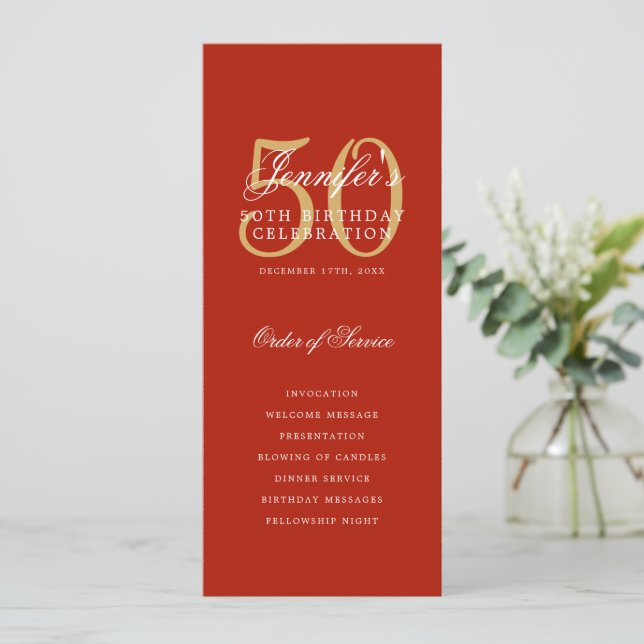 Convites Elegante 50º Programa de Aniversário Vermelho Dour (Em pé/Frente)