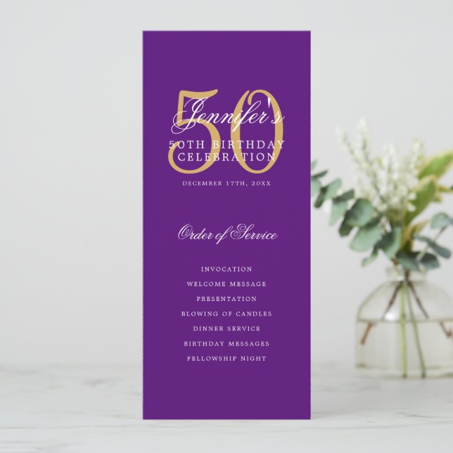 Convites Elegante 50º Programa Dourado Menu Roxo+Obrigado (Em pé/Frente)