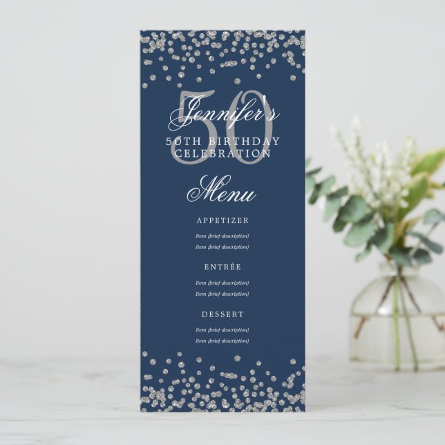 Convites Elegante 50 Menu Birthday Marinho Silver Blue Conf (Em pé/Frente)