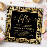 Convites Elegante 50 Script Preto e Dourado 50º Aniversário<br><div class="desc">Chic 50 Script Black e Dourado 50º Convite de aniversário. Este convite de aniversário moderno modelo apresenta o na moda "cinquenta" texto em uma enorme folha de ouro falso, escrita por caligrafia (ou tipografia) manuscrita com caudas de haste, detalhes da festa em cor dourada sobre fundo preto. No lado inverso,...</div>