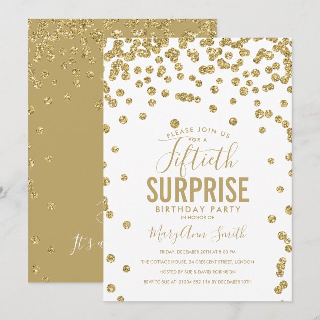 Convites Elegante 50th Surprise Birthday Dourado (Frente/Verso)