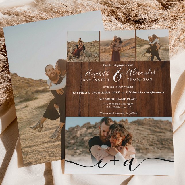 Convites Elegante 5 Fotos modernas do roteiro casamento mad (Elegant 5 Photos modern script wedding rustic wood Invitation)