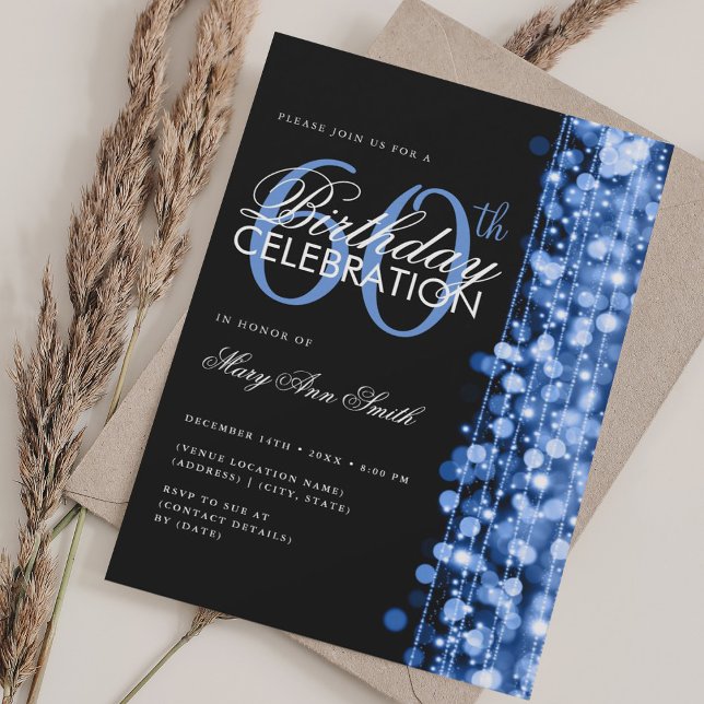 Convites Elegante 60º Aniversário Glam Sparkles Marinho Blu (Elegant 60th Birthday Glam Sparkles Navy Blue Invitation)