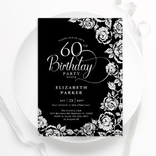 Convites Elegante 60º aniversário Rosas de Prata Negra