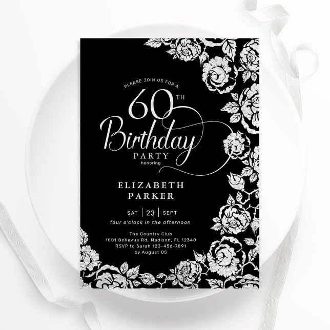 Convites Elegante 60º aniversário Rosas de Prata Negra (Criador carregado)
