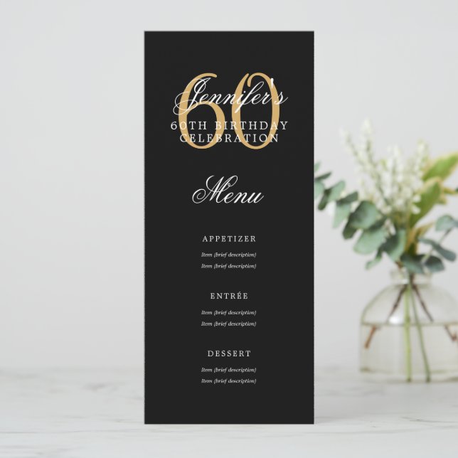 Convites Elegante 60º Menu Festa de aniversário Dourado Pre (Em pé/Frente)