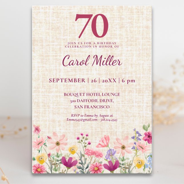 Convites Elegante 70º Aniversário para Ela - Flores de Linh (Criador carregado)