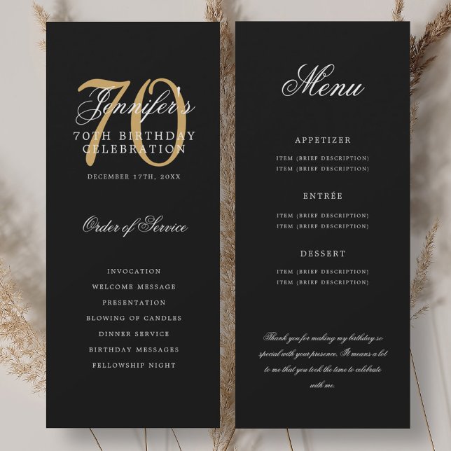 Convites Elegante 70º Programa Dourado Preto Menu+Obrigado (Elegant 70th Program Gold Black Menu+Thank You)