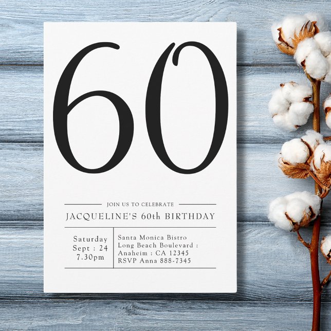 Convites Elegante 70.º aniversário Festa Simples (Modern 60th Birthday Party Invitation in black and white on a blue wood plank background.)