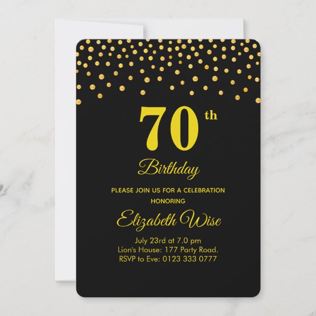 Convites Elegante 70 Birthday e Confetti Dourado em Preto (Frente)