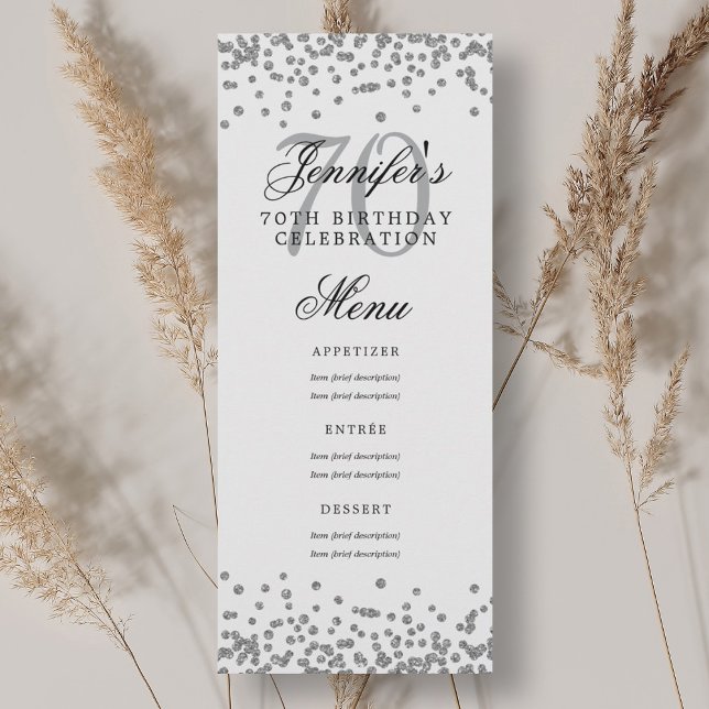 Convites Elegante 70 Birthday Menu Silver Confetti (Elegant 70th Birthday Menu Silver Confetti Invitation)