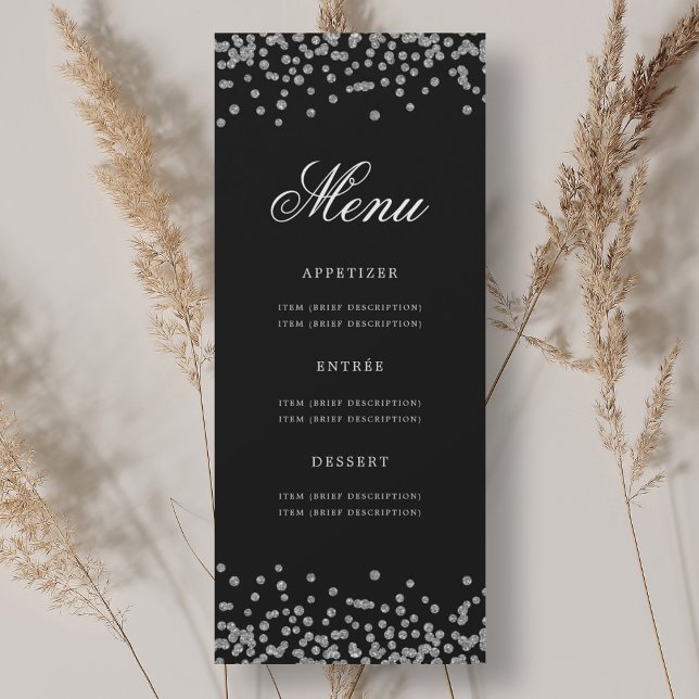Convites Elegante 70 Birthday Menu Silver Confetti Black (Elegant 70th Birthday Menu Silver Confetti Black Invitation)