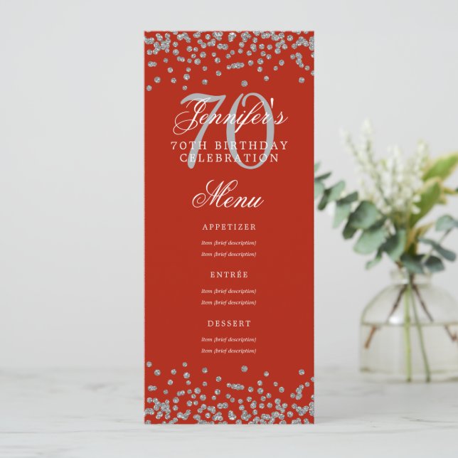 Convites Elegante 70 Birthday Menu Silver Confetti Red (Em pé/Frente)