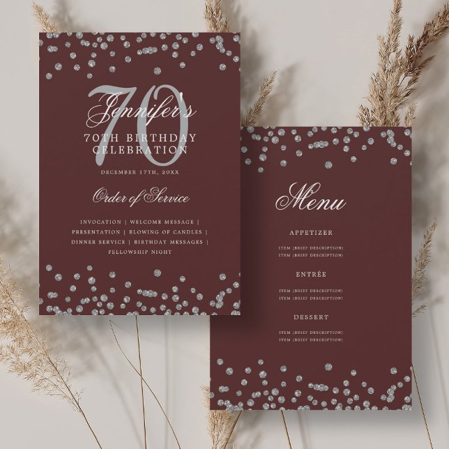 Convites Elegante 70 Birthday Program Menu Silver Burgundy (Elegant 70th Birthday Program Menu Silver Burgundy)