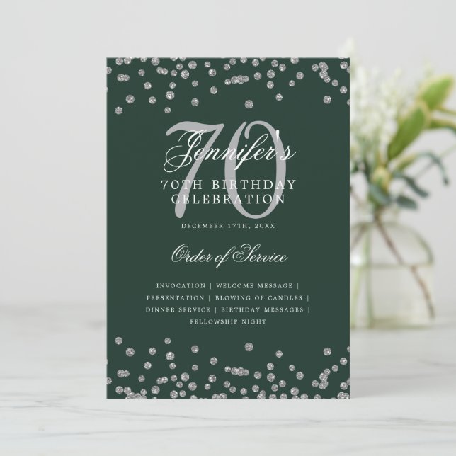 Convites Elegante 70 Birthday Program Menu Silver Green (Em pé/Frente)