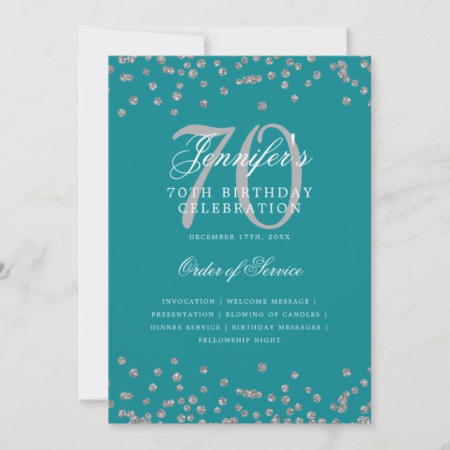 Convites Elegante 70 Birthday Program Menu Silver Teal (Frente)