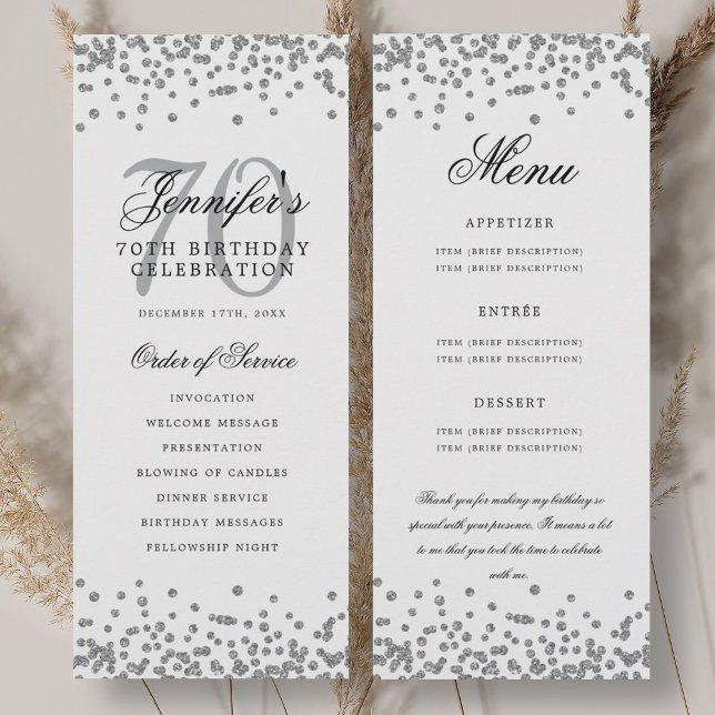 Convites Elegante 70 Birthday Program Obrigado U Silver (Elegant 70th Birthday Program Menu Thank U Silver )