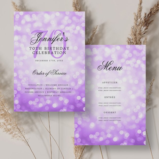 Convites Elegante 70 Birthday Program Purple BokeMenu (Elegant 70th Birthday Program Purple Bokeh Menu)