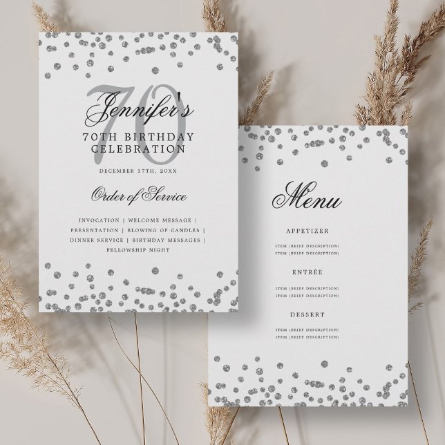 Convites Elegante 70 Birthday Program Silver (Elegant 70th Birthday Program Menu Silver )
