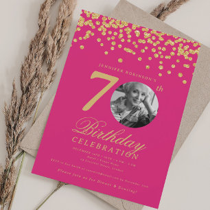 Convites Elegante 70 de Foto Aniversário Dourado Rosa Quent