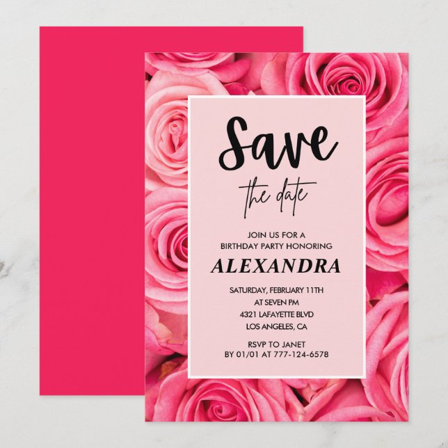 Convites Elegante 71º aniversário  Rosa floral Salve a data (Frente/Verso)