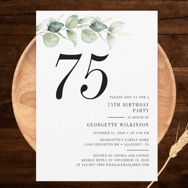 Convites Elegante 75ª Festa de aniversário (Elegant Eucalyptus Minimalist 75th Birthday Party Invitation)