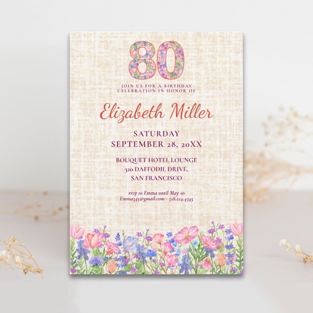 Convites Elegante 80º Aniversário para Ela - Flores Rosa (Criador carregado)