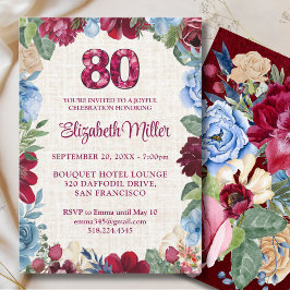 Convites Elegante 80 Birthday - Design Floral Burgundy