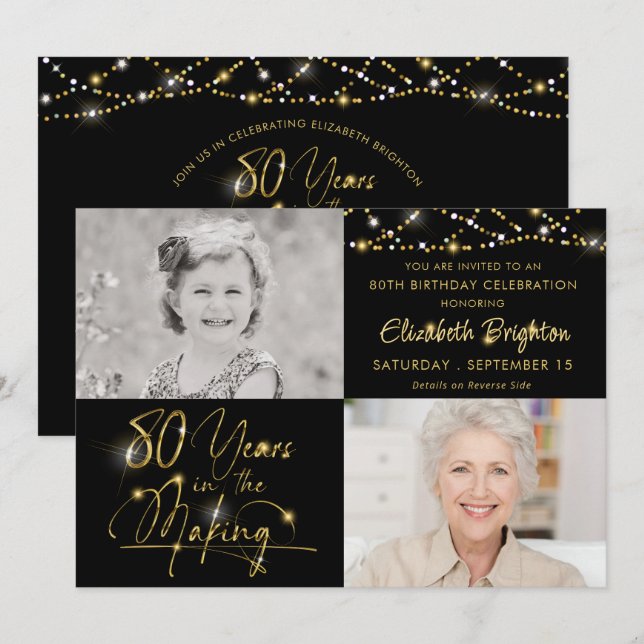 Convites Elegante 80 Birthday Dourado Lights Script 2 Fotog (Frente/Verso)