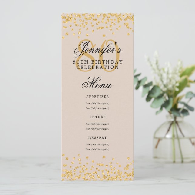 Convites Elegante 80 Birthday Menu Confetti Champagne Doura (Em pé/Frente)