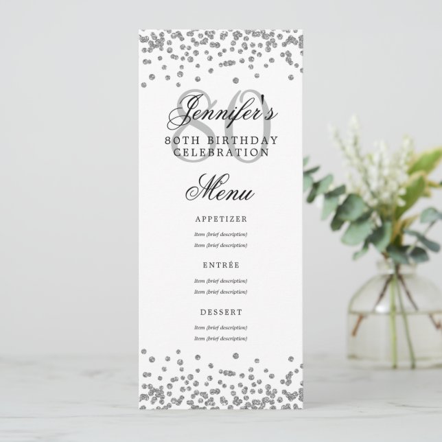 Convites Elegante 80 Birthday Menu Silver Confetti (Em pé/Frente)