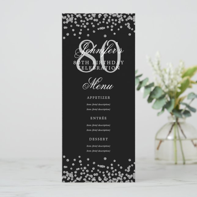 Convites Elegante 80 Birthday Menu Silver Confetti Black (Em pé/Frente)