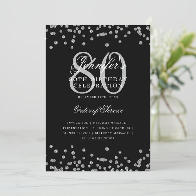 Convites Elegante 80 Birthday Program Menu Silver Black (Em pé/Frente)