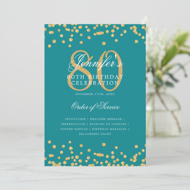 Convites Elegante 80 Birthday Program Menu Turquoise Dourad (Em pé/Frente)