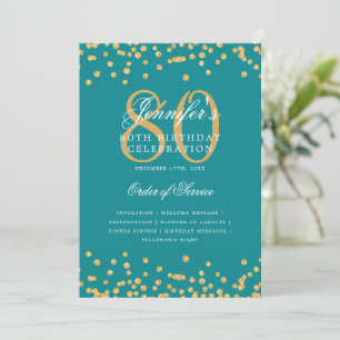 Convites Elegante 80 Birthday Program Menu Turquoise Dourad