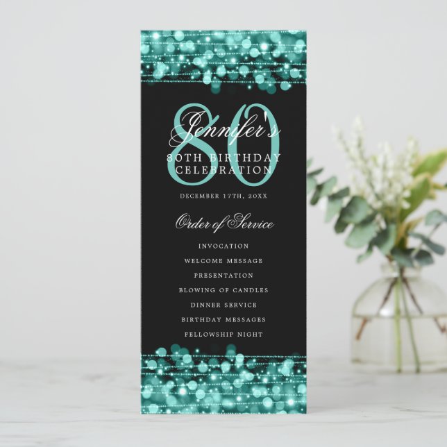 Convites Elegante 80 Birthday Program Turquoise Obrigado (Em pé/Frente)